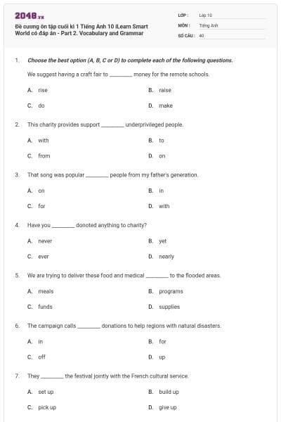 Đề cương ôn tập cuối kì 1 Tiếng Anh 10 iLearn Smart World có đáp án - Part 2. Vocabulary and Grammar