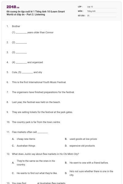 Đề cương ôn tập cuối kì 1 Tiếng Anh 10 iLearn Smart World có đáp án - Part 3. Listening