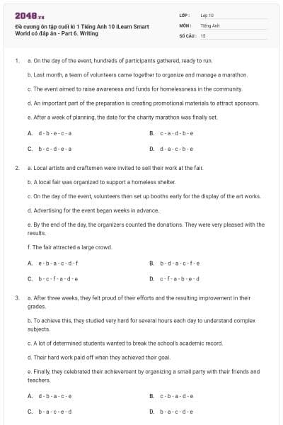 Đề cương ôn tập cuối kì 1 Tiếng Anh 10 iLearn Smart World có đáp án - Part 6. Writing