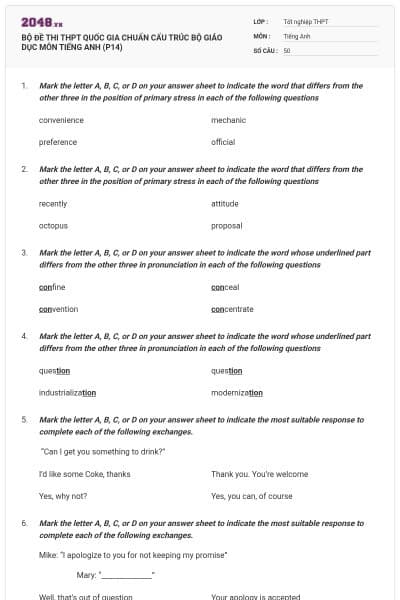BỘ ĐỀ THI THPT QUỐC GIA CHUẨN CẤU TRÚC BỘ GIÁO DỤC MÔN TIẾNG ANH (P14)