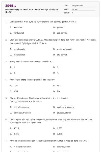 Đề minh hoạ kỳ thi THPTQG 2019 môn Hoá học có đáp án (Đề 13)