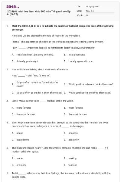 (2024) Đề minh họa tham khảo BGD môn Tiếng Anh có đáp án (Đề 22)