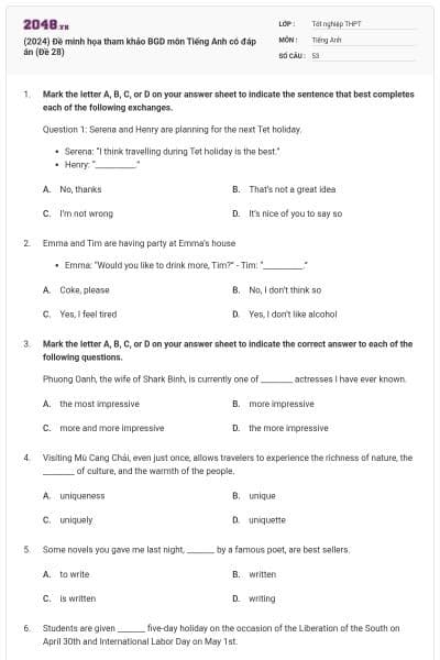 (2024) Đề minh họa tham khảo BGD môn Tiếng Anh có đáp án (Đề 28)