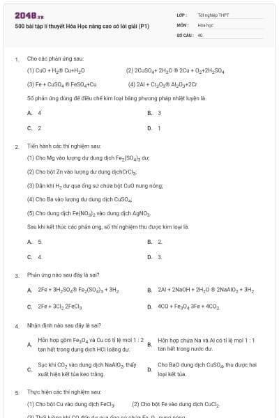 500 bài tập lí thuyết Hóa Học nâng cao có lời giải (P1)