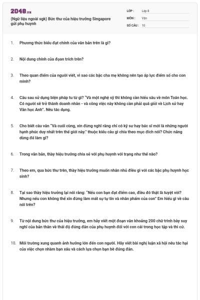 (Ngữ liệu ngoài sgk) Bức thư của hiệu trưởng Singapore gửi phụ huynh