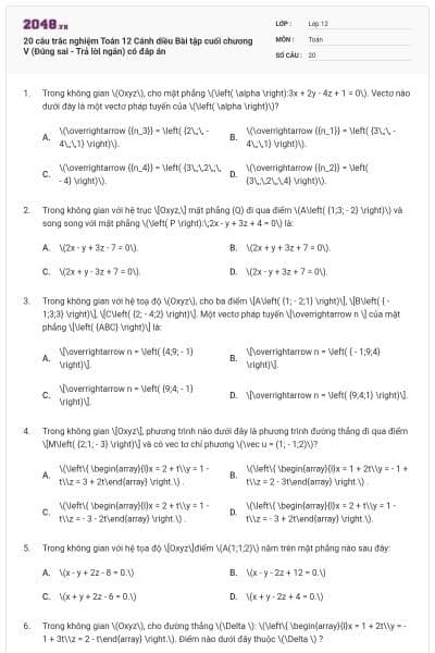 20 câu trắc nghiệm Toán 12 Cánh diều Bài tập cuối chương V (Đúng sai - Trả lời ngắn) có đáp án