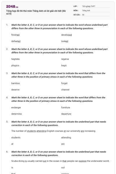 Tổng hợp đề thi thử môn Tiếng Anh có lời giải chi tiết (Đề số 8)