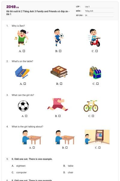 Đề thi cuối kì 2 Tiếng Anh 3 Family and Friends có đáp án - Đề 1