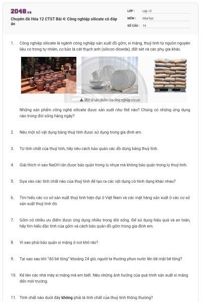 Chuyên đề Hóa 12 CTST Bài 4: Công nghiệp silicate có đáp án