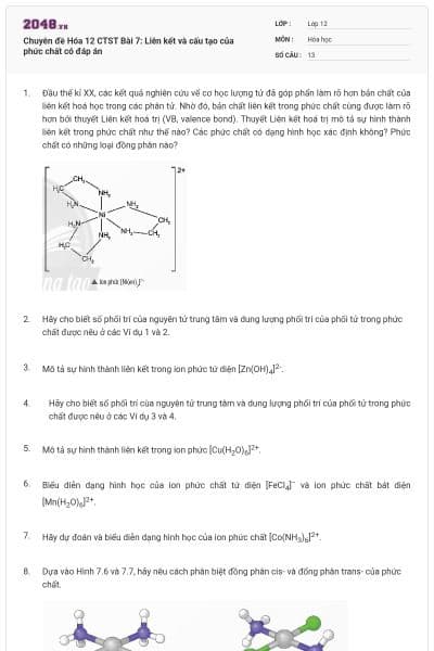 Chuyên đề Hóa 12 CTST Bài 7: Liên kết và cấu tạo của phức chất có đáp án
