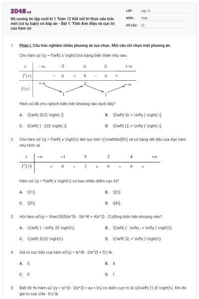 Đề cương ôn tập cuối kì 1 Toán 12 Kết nối tri thức cấu trúc mới (có tự luận) có đáp án - Bài 1: Tính đơn điệu và cực trị của hàm số