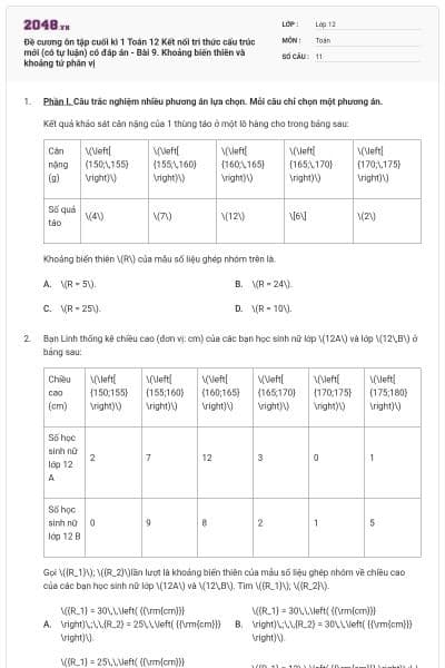 Đề cương ôn tập cuối kì 1 Toán 12 Kết nối tri thức cấu trúc mới (có tự luận) có đáp án - Bài 9. Khoảng biến thiên và khoảng tứ phân vị