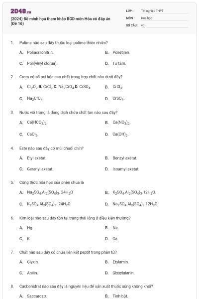 (2024) Đề minh họa tham khảo BGD môn Hóa có đáp án (Đề 16)