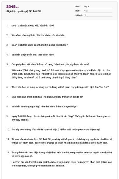 (Ngữ liệu ngoài sgk) Giờ Trái Đất