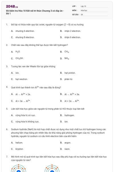 Đề kiểm tra Hóa 10 Kết nối tri thức Chương 3 có đáp án - Đề 1