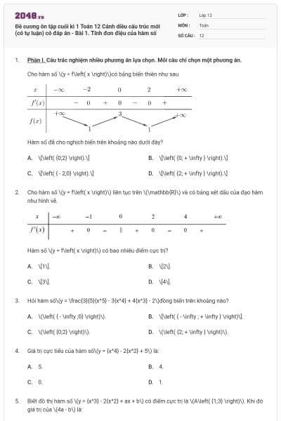 Đề cương ôn tập cuối kì 1 Toán 12 Cánh diều cấu trúc mới (có tự luận) có đáp án - Bài 1. Tính đơn điệu của hàm số