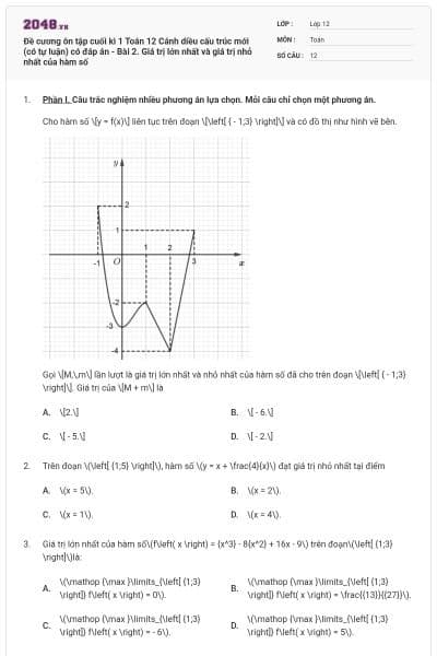 Đề cương ôn tập cuối kì 1 Toán 12 Cánh diều cấu trúc mới (có tự luận) có đáp án - Bài 2. Giá trị lớn nhất và giá trị nhỏ nhất của hàm số