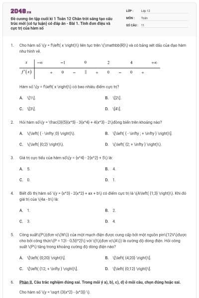 Đề cương ôn tập cuối kì 1 Toán 12 Chân trời sáng tạo cấu trúc mới (có tự luận) có đáp án - Bài 1. Tính đơn điệu và cực trị của hàm số