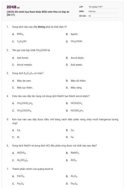 (2024) Đề minh họa tham khảo BGD môn Hóa có đáp án (Đề 21)
