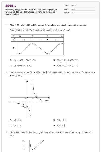 Đề cương ôn tập cuối kì 1 Toán 12 Chân trời sáng tạo (có tự luận) có đáp án - Bài 4. Khảo sát và vẽ đồ thị một số hàm số cơ bản