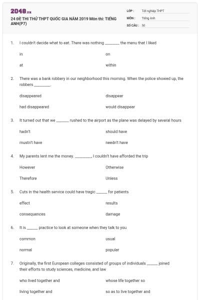 24 ĐỀ THI THỬ THPT QUỐC GIA NĂM 2019 Môn thi: TIẾNG ANH(P7)