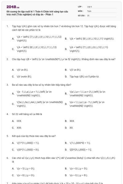 Đề cương ôn tập cuối kì 1 Toán 6 Chân trời sáng tạo cấu trúc mới (Trắc nghiệm) có đáp án - Phần 1