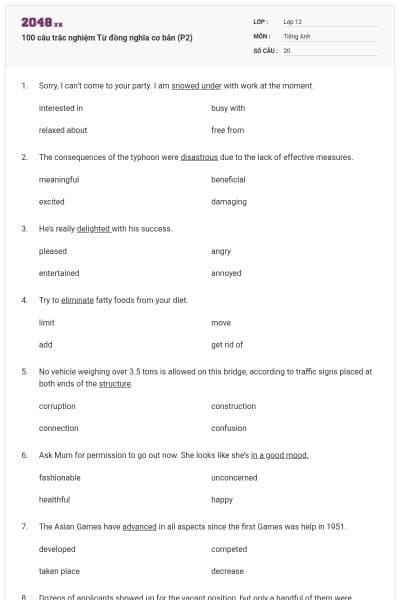 100 câu trắc nghiệm Từ đồng nghĩa cơ bản (P2)