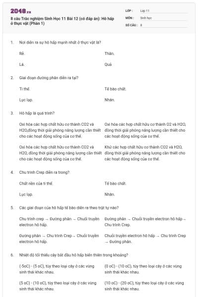 8 câu  Trắc nghiệm Sinh Học 11 Bài 12 (có đáp án): Hô hấp ở thực vật (Phần 1)