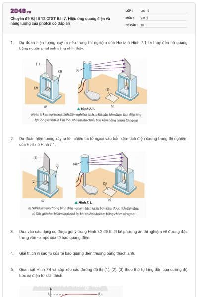 Chuyên đề Vật lí 12 CTST Bài 7. Hiệu ứng quang điện và năng lượng của photon có đáp án
