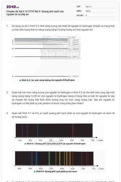 Chuyên đề Vật lí 12 CTST Bài 9. Quang phổ vạch của nguyên tử có đáp án