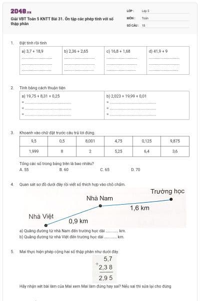 Giải VBT Toán 5 KNTT Bài 31. Ôn tập các phép tính với số thập phân