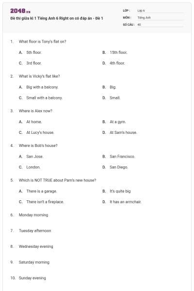 Đề thi giữa kì 1 Tiếng Anh 6 Right on có đáp án - Đề 1