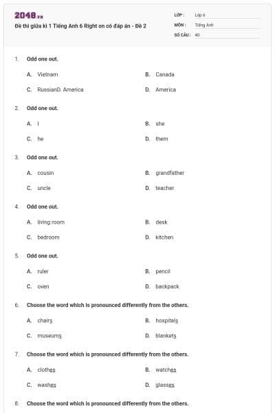 Đề thi giữa kì 1 Tiếng Anh 6 Right on có đáp án - Đề 2