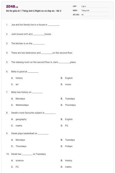 Đề thi giữa kì 1 Tiếng Anh 6 Right on có đáp án - Đề 3