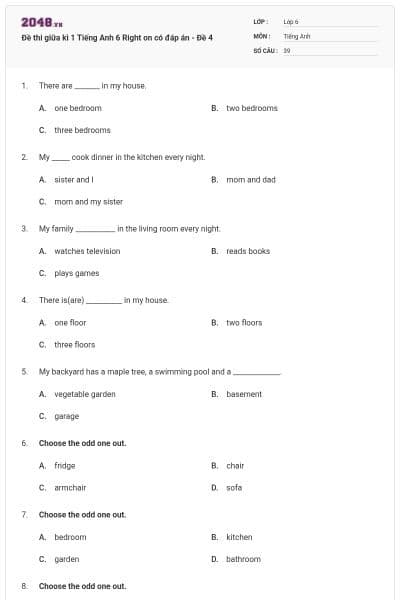 Đề thi giữa kì 1 Tiếng Anh 6 Right on có đáp án - Đề 4