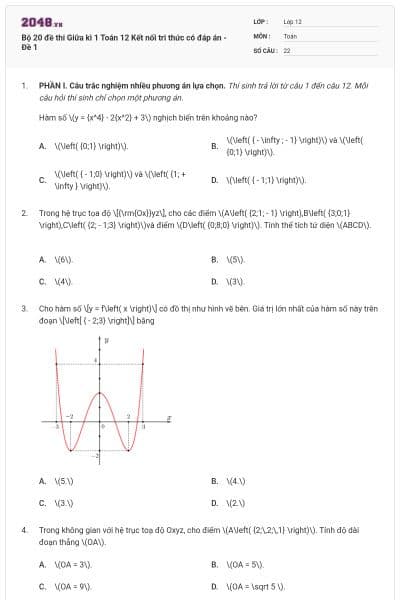 Bộ 20 đề thi Giữa kì 1 Toán 12 Kết nối tri thức có đáp án - Đề 1