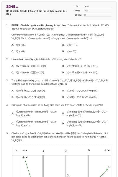 Bộ 20 đề thi Giữa kì 1 Toán 12 Kết nối tri thức có đáp án - Đề 2