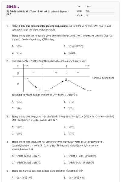 Bộ 20 đề thi Giữa kì 1 Toán 12 Kết nối tri thức có đáp án - Đề 3