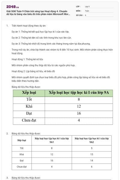 Giải SGK Toán 9 Chân trời sáng tạo Hoạt động 4. Chuyển dữ liệu từ bảng vào biểu đồ trên phần mềm Microsoft Word có đáp án