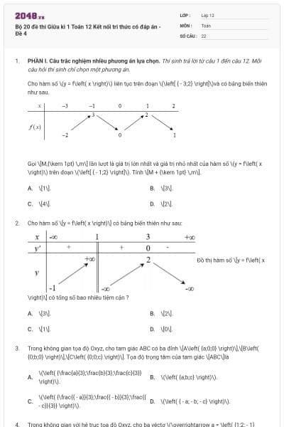 Bộ 20 đề thi Giữa kì 1 Toán 12 Kết nối tri thức có đáp án - Đề 4