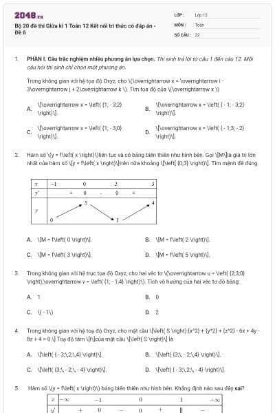 Bộ 20 đề thi Giữa kì 1 Toán 12 Kết nối tri thức có đáp án - Đề 6
