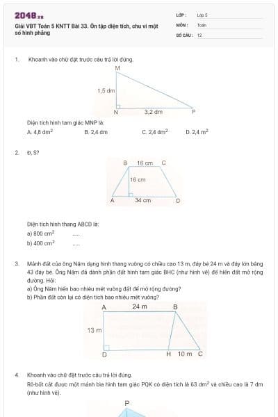 Giải VBT Toán 5 KNTT Bài 33. Ôn tập diện tích, chu vi một số hình phẳng