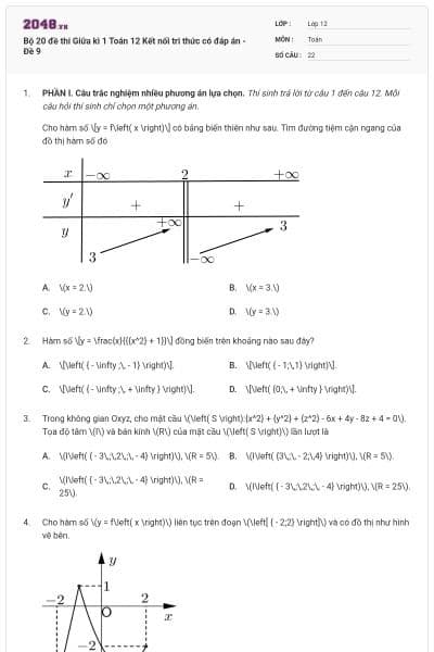 Bộ 20 đề thi Giữa kì 1 Toán 12 Kết nối tri thức có đáp án - Đề 9