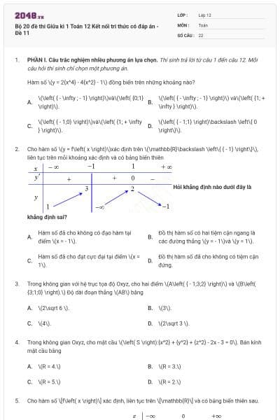 Bộ 20 đề thi Giữa kì 1 Toán 12 Kết nối tri thức có đáp án - Đề 11