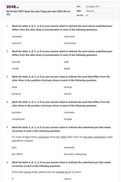 Đề thi thử THPT Quốc Gia môn Tiếng anh năm 2020 (Đề số 22)