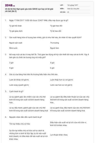 20 đề thi thử thpt quốc gia môn GDCD cực hay có lời giải chi tiết (Đề 5)