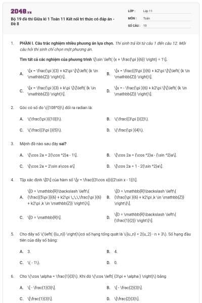 Bộ 19 đề thi Giữa kì 1 Toán 11 Kết nối tri thức có đáp án - Đề 8