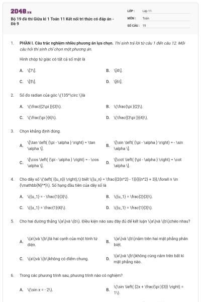 Bộ 19 đề thi Giữa kì 1 Toán 11 Kết nối tri thức có đáp án - Đề 9
