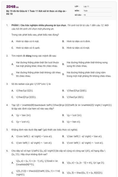 Bộ 19 đề thi Giữa kì 1 Toán 11 Kết nối tri thức có đáp án - Đề 18