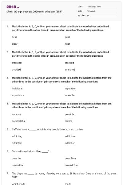 Đề thi thử thpt quốc gia 2020 môn tiếng anh (đề 9)